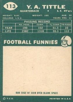 1960 Topps #113 Y.A. Tittle Back