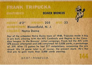 1961 Fleer #144 Frank Tripucka Back