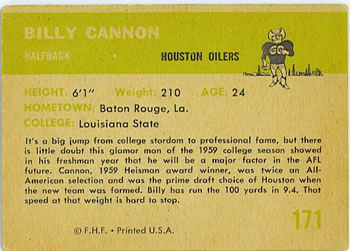 1961 Fleer #171 Billy Cannon Back