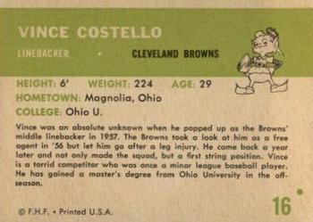 1961 Fleer #16 Vince Costello Back