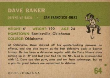 1961 Fleer #64 Dave Baker Back