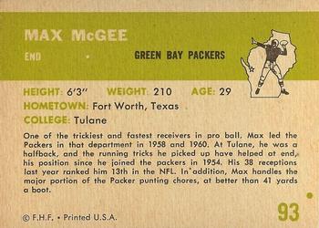 1961 Fleer #93 Max McGee Back