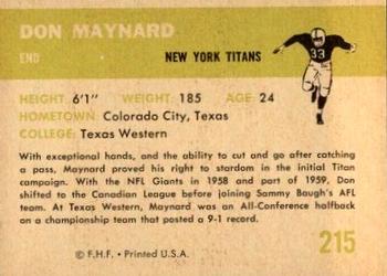 1961 Fleer #215 Don Maynard Back