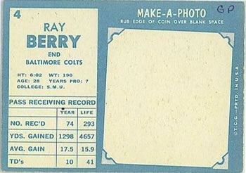 1961 Topps #4 Ray Berry Back