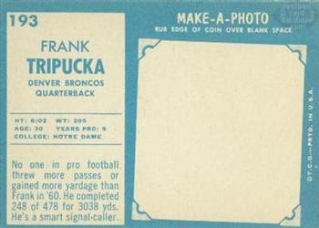1961 Topps #193 Frank Tripucka Back