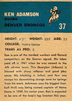 1962 Fleer #37 Ken Adamson Back