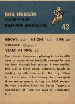 1962 Fleer #43 Bob Hudson Back