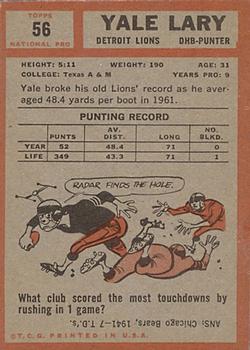 1962 Topps #56 Yale Lary Back