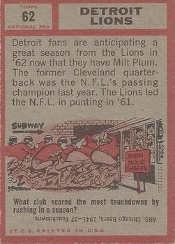 1962 Topps #62 Detroit Lions Back