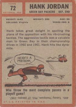 1962 Topps #72 Hank Jordan Back