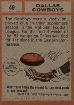 1962 Topps #49 Dallas Cowboys Back