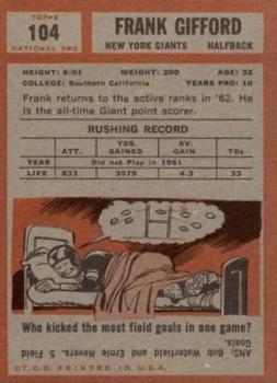 1962 Topps #104 Frank Gifford Back