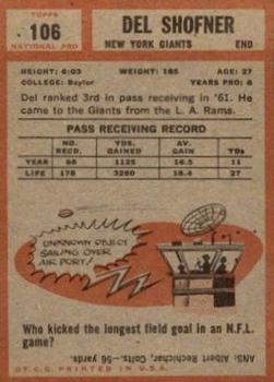 1962 Topps #106 Del Shofner Back