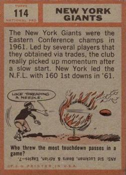 1962 Topps #114 New York Giants Back