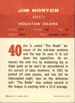 1963 Fleer #40b Jim Norton Back