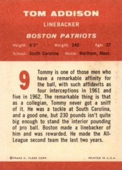 1963 Fleer #9 Tommy Addison Back