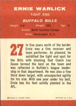 1963 Fleer #27 Ernie Warlick Back