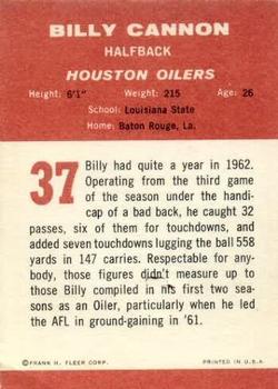1963 Fleer #37 Billy Cannon Back