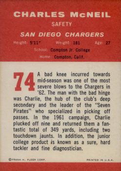 1963 Fleer #74 Charles McNeil Back