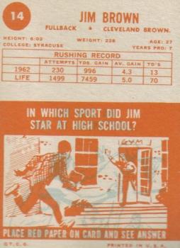 1963 Topps #14 Jim Brown Back