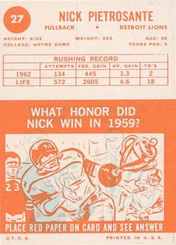 1963 Topps #27 Nick Pietrosante Back