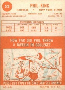1963 Topps #52 Phil King Back