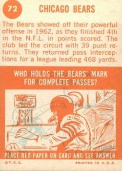 1963 Topps #72 Chicago Bears Back