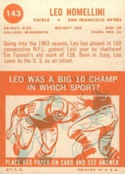 1963 Topps #143 Leo Nomellini Back