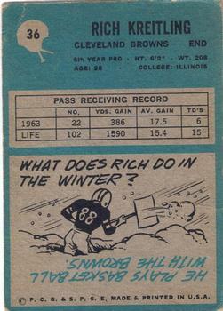 1964 Philadelphia #36 Rich Kreitling Back