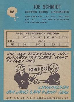 1964 Philadelphia #66 Joe Schmidt Back