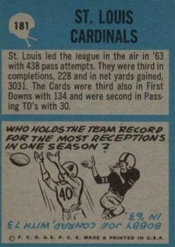 1964 Philadelphia #181 St. Louis Cardinals Back