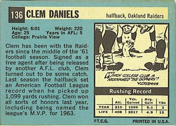 1964 Topps #136 Clem Daniels Back