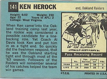 1964 Topps #141 Ken Herock Back