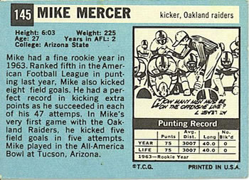 1964 Topps #145 Mike Mercer Back