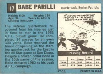 1964 Topps #17 Babe Parilli Back
