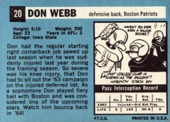 1964 Topps #20 Don Webb Back
