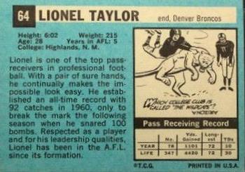 1964 Topps #64 Lionel Taylor Back