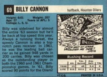 1964 Topps #69 Billy Cannon Back