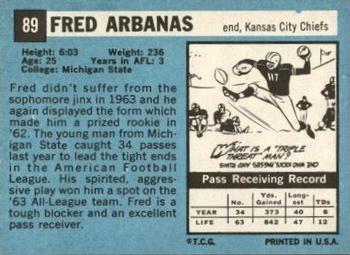 1964 Topps #89 Fred Arbanas Back