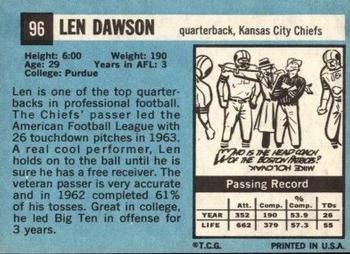 1964 Topps #96 Len Dawson Back