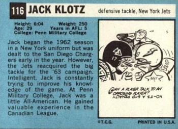 1964 Topps #116 Jack Klotz Back