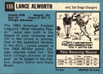 1964 Topps #155 Lance Alworth Back