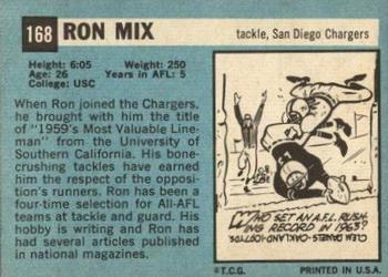 1964 Topps #168 Ron Mix Back