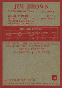 1965 Philadelphia #31 Jim Brown Back