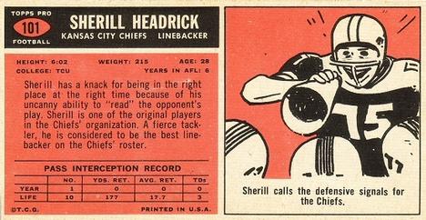 1965 Topps #101 Sherrill Headrick Back