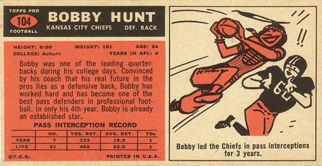 1965 Topps #104 Bobby Hunt Back