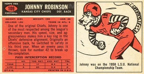 1965 Topps #109 Johnny Robinson Back
