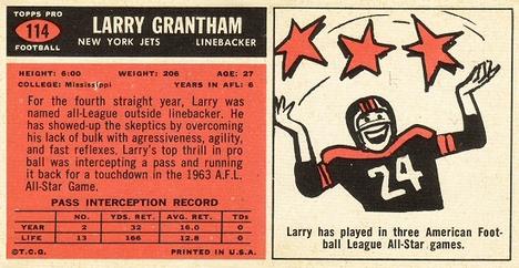 1965 Topps #114 Larry Grantham Back