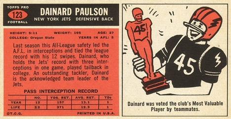 1965 Topps #123 Dainard Paulson Back