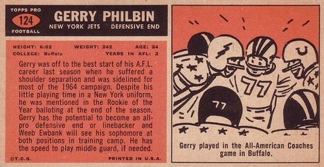 1965 Topps #124 Gerry Philbin Back